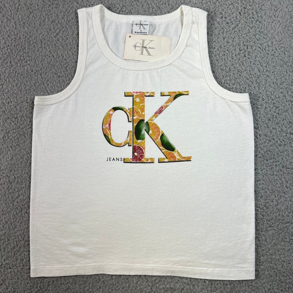Calvin Klein Jeans Tank Top Juniors S White Fruit Logo Graphic USA VTG NWT